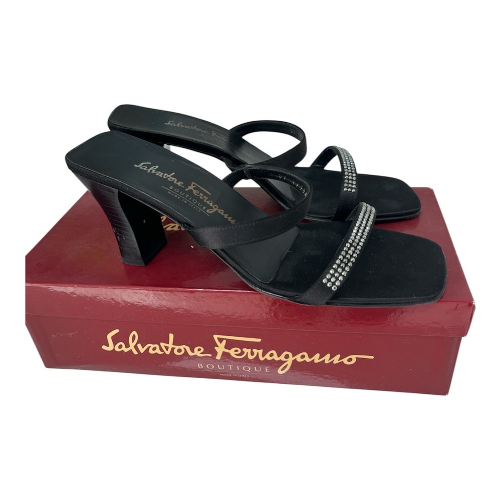 SALVATORE FERRAGAMO Strappy Satin Crystal Block Heel Sandals Black Size 9
